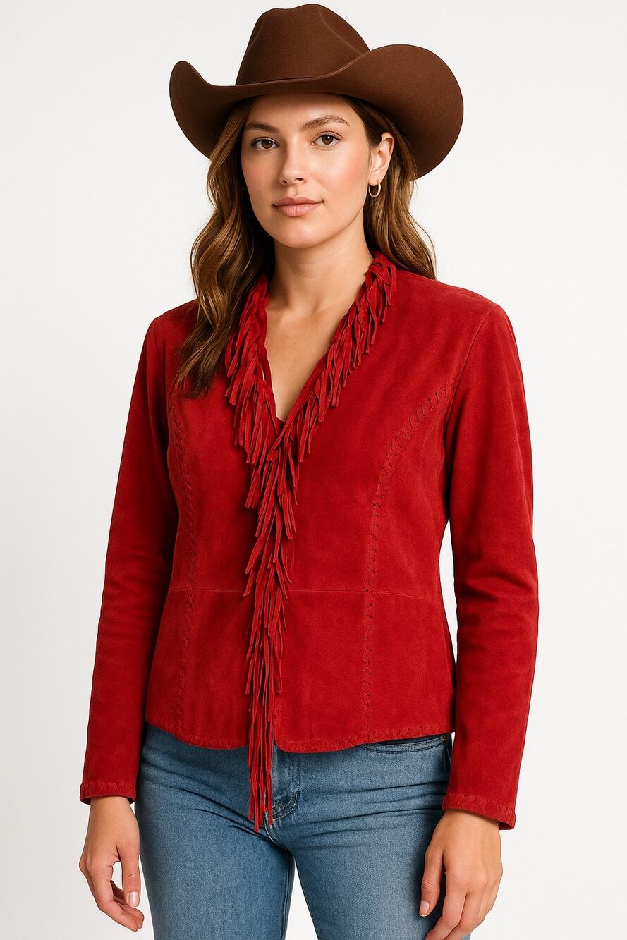 Y2K Western Boho Chico’s Design Red Suede Fringe Leather Jacket Size 2 (M/L)